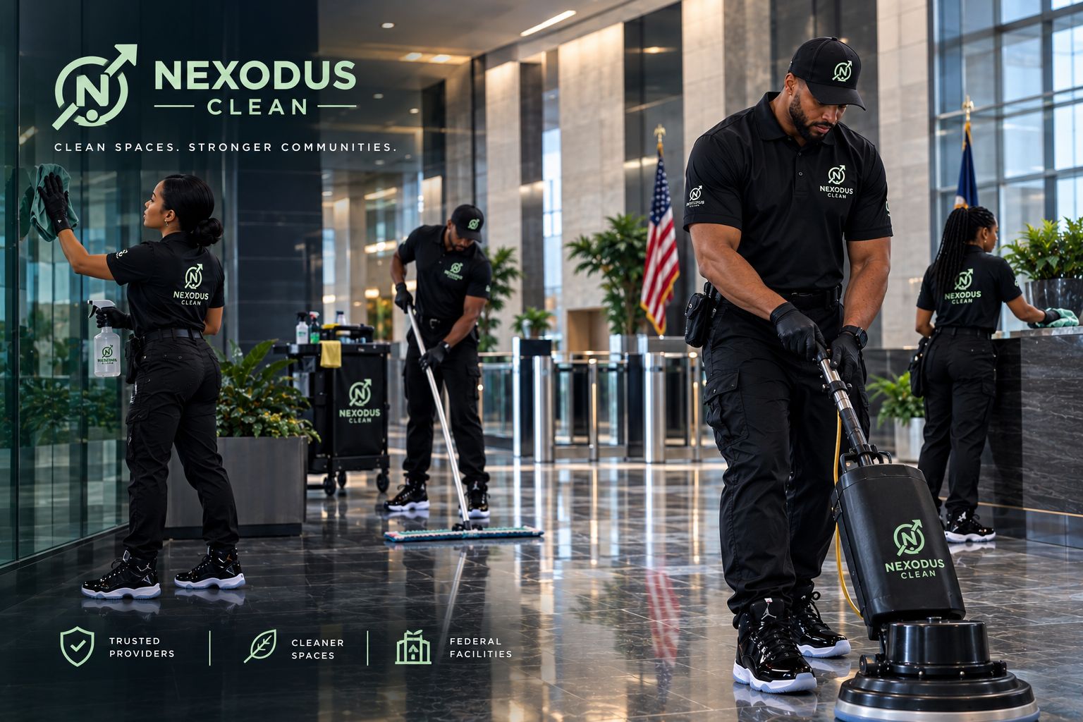 Nexodus Clean crew cleaning a federal facility atrium